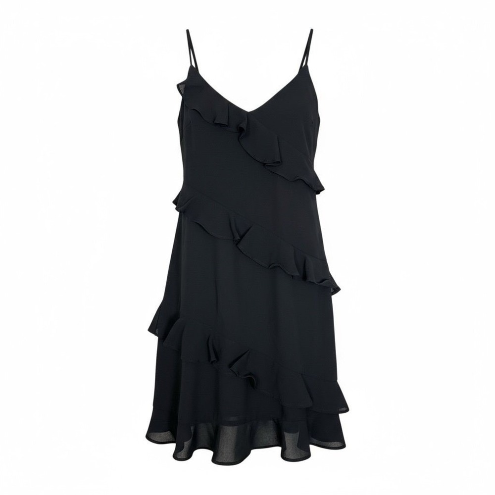Black Ruffle Trim V Neck Sleeveless Party Cocktail Dress Small